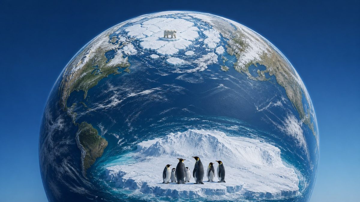 Globo terráqueo con un oso polar en el Ártico y pingüinos emperador en la Antártida