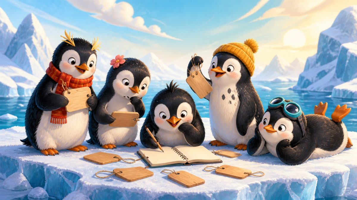 Cinco pingüinos ilustrados eligiendo nombres con etiquetas de madera y un cuaderno