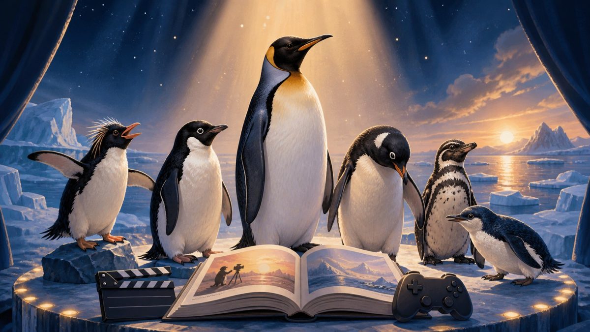 Ilustración original de varios pingüinos en un escenario de cine, libros y videojuegos